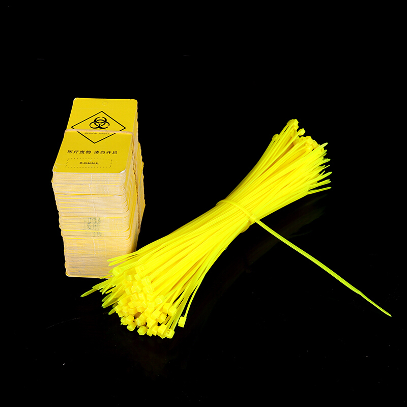 废物警示标贴吊牌封口标签尼龙扎带标识牌黄色塑料医用垃圾袋 100套吊牌加扎带