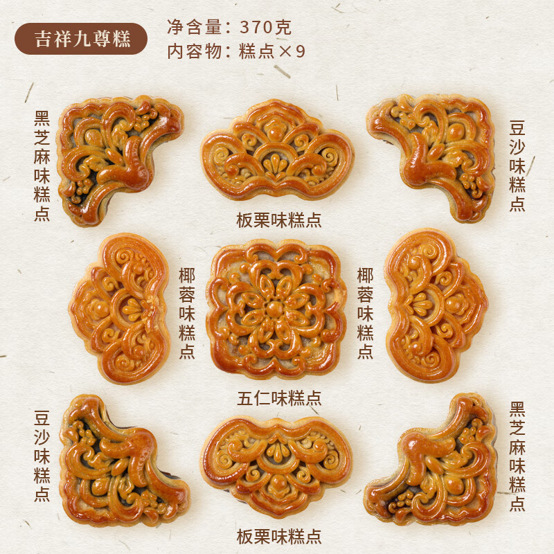 雋辰堂廣式中秋月餅散裝蛋黃蓮蓉金腿五仁豆沙芝麻手工傳統(tǒng)點(diǎn)心批發(fā)團(tuán)購 吉祥九尊糕9味糕點(diǎn)共380g