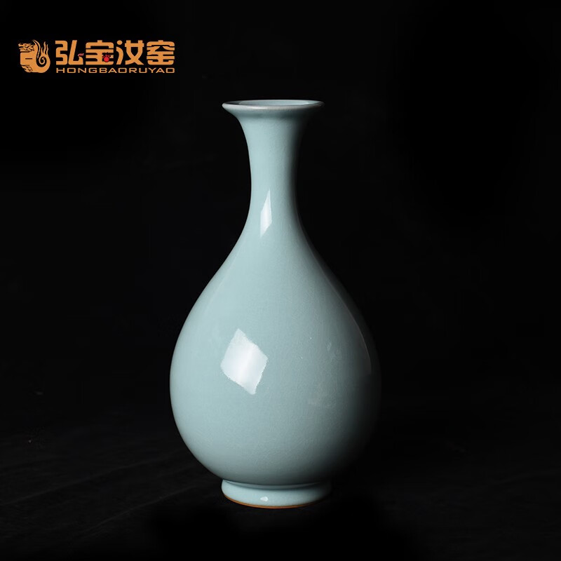 弘宝 汝瓷 大师纯手工复古花瓶宋汝窑荷叶口瓶玉壶春瓶全手工制作摆件