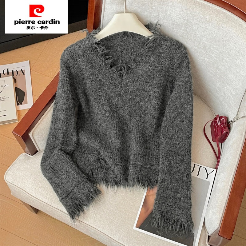 皮爾卡丹（pierre cardin）慵懶風(fēng)流蘇毛邊V領(lǐng)長袖毛衣針織衫女秋冬季新款韓系寬松氣質(zhì)上衣 深灰色 S