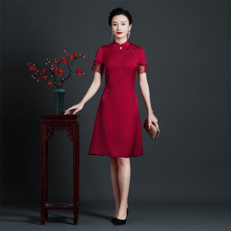 戴丽格春夏新款礼服婚庆婚宴礼服母亲婆婆礼服旗袍新中式礼服 酒红色