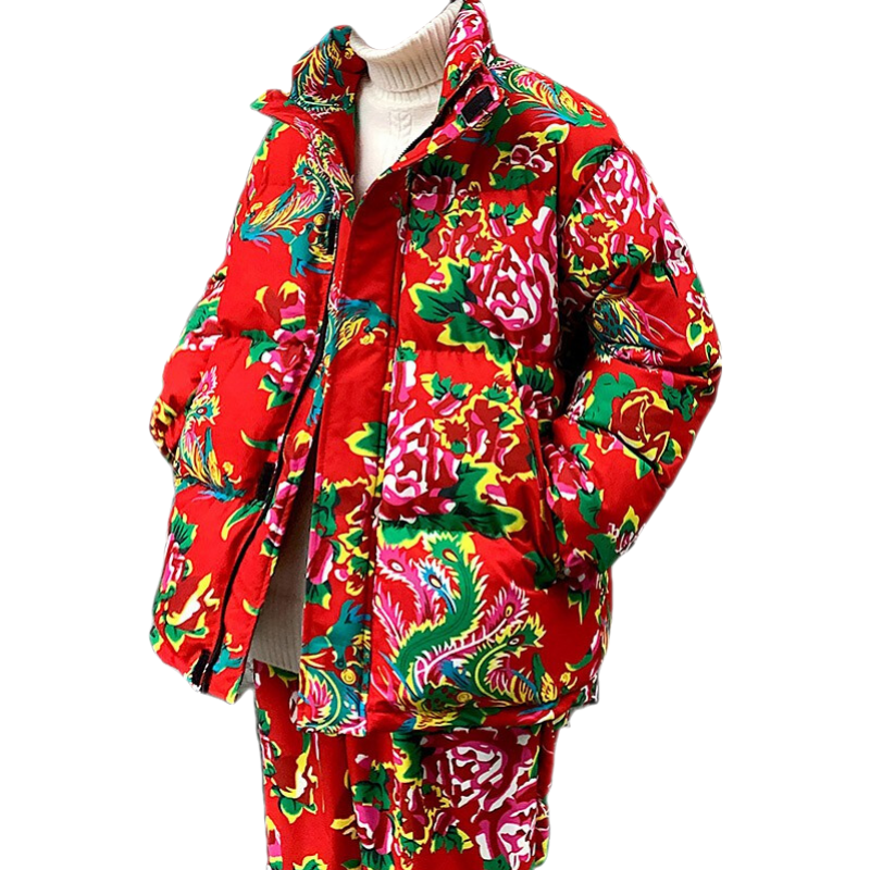 风大码棉衣东北大花布国潮网红情侣棉袄男士棉衣套装外套大红牡丹花l