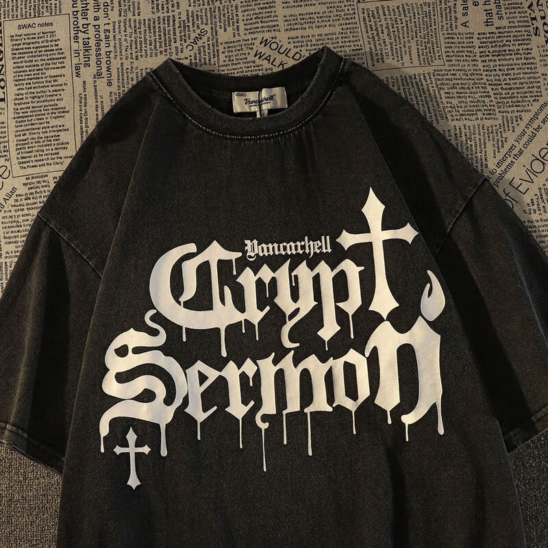 倍夜cabincrew美式街头印花短袖t恤男女夏季宽松嘻哈半袖上衣 黑色 s