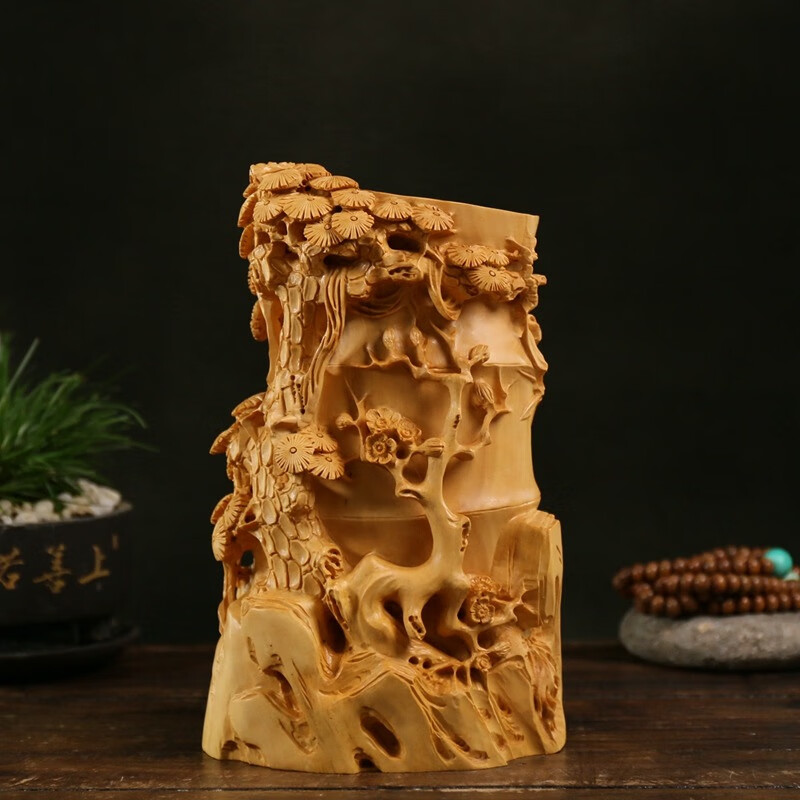 木雕小叶黄杨木雕实木雕刻木质手工松树竹子梅花文房摆件笔筒岁寒三友