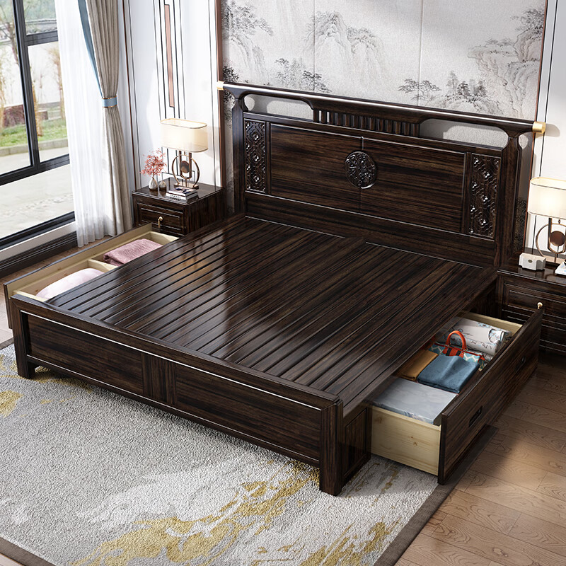 温暖一家新中式乌金木卧室双人床婚床储物气压收纳现代1米8床家具