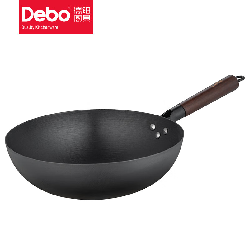 Debo德铂圆底炒锅家用炒菜锅不粘锅 无涂层黑色无盖 32cm