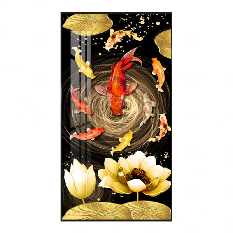 九鱼图玄关装饰画竖版轻 a 50*100 x 尊贵黑 x 晶瓷画