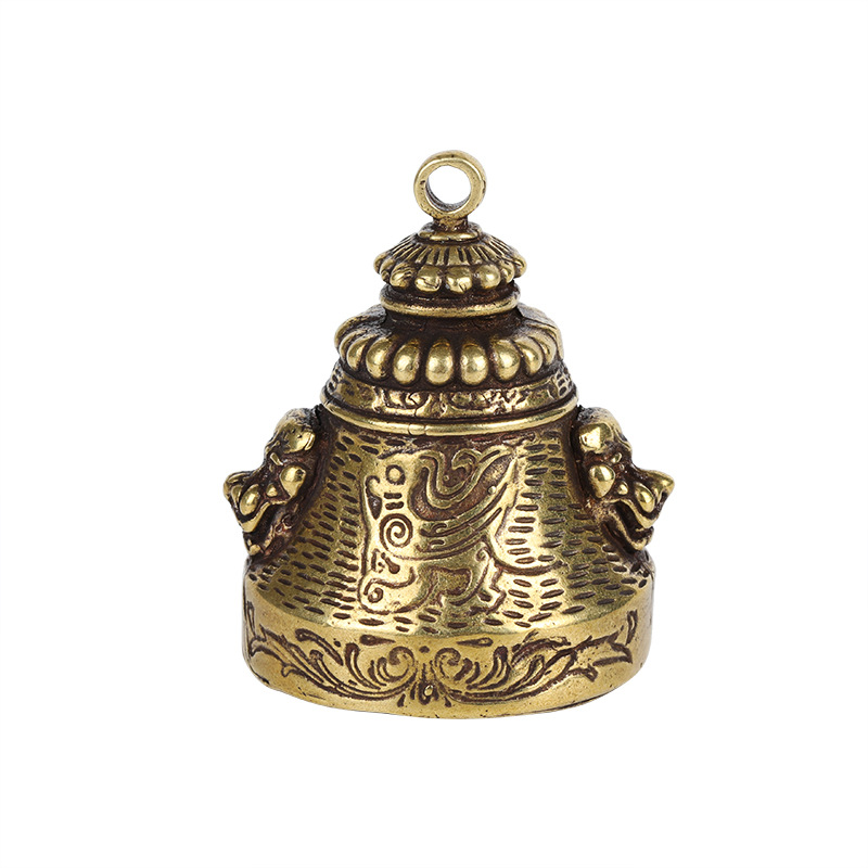 zcqbcy复古金属纯黄铜铃铛云南民族风铃挂件清脆门铃双面狮挂件家居