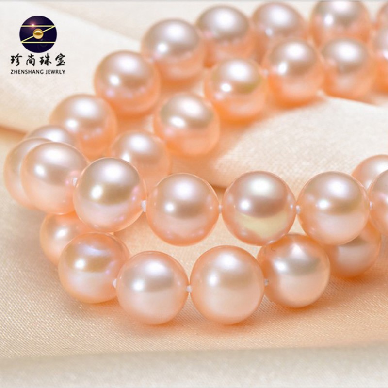 豪珠 天然淡水粉色珍珠项链吊坠 18k金女正圆无瑕强光s925银锁骨送