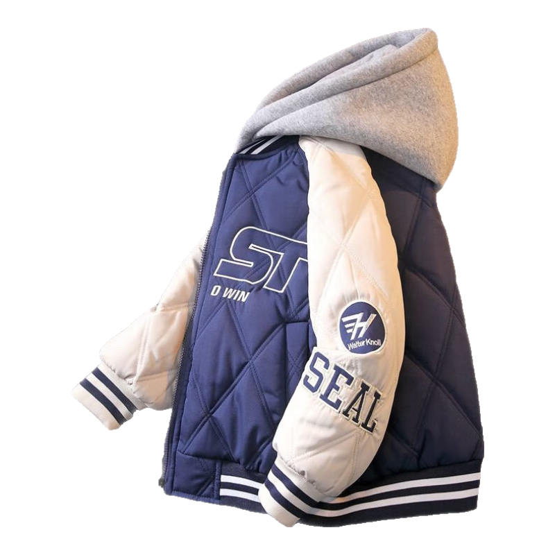 迪士尼（Disney）男童夹棉外套薄款2025秋冬款加棉加厚棒球服连帽棉衣儿童女童 蓝色【里布夹棉】 140