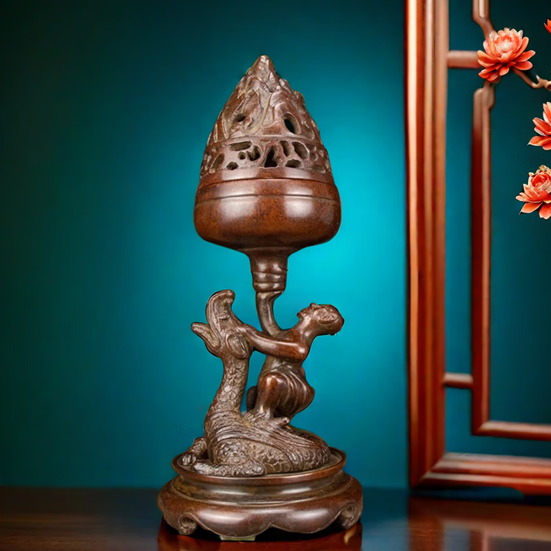 铜人艺巷全铜复古包浆伏龙博山炉香薰炉装饰工艺品盘香炉办公室桌面