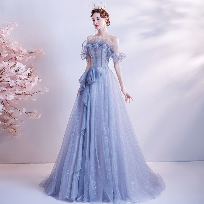 zhouyibo 梦幻晚礼服裙女2021新款高端大气婚纱礼服深蓝色长款宴会