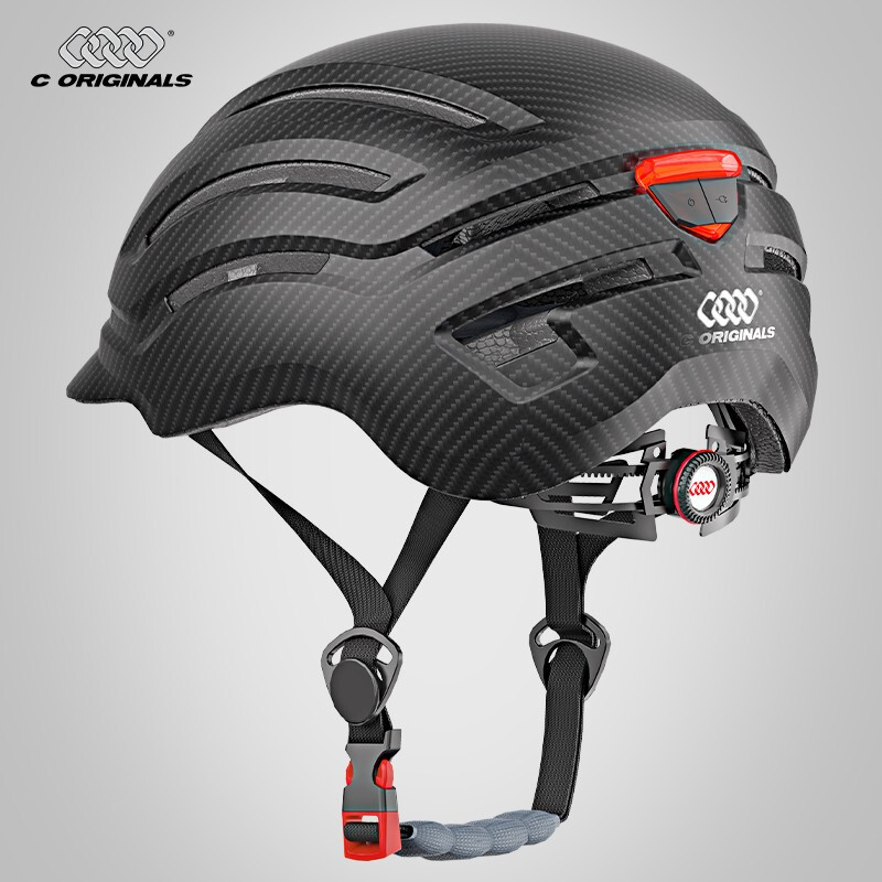 中原创 国标认证自行车头盔美标欧标三标电动车摩托车男女四季通用安全帽轻便式防护半盔带尾灯 碳纤黑