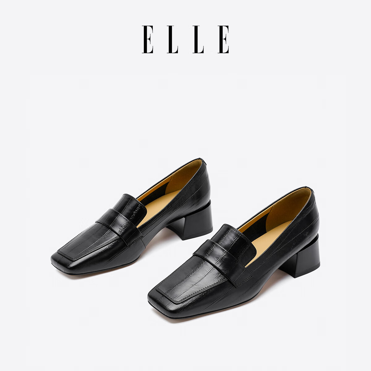 ELLE官方乐福鞋女鞋新款高跟鞋女方头单鞋粗跟鞋子工作鞋 黑色 4cm 39 (245mm) 标准码