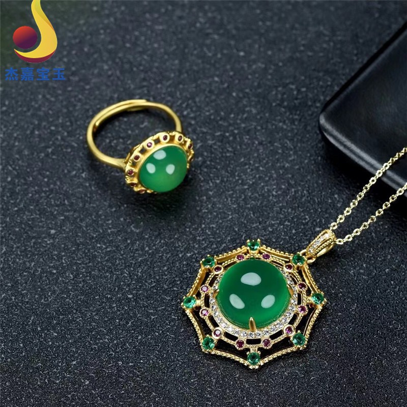 杰嘉宝玉  原创新款蜘蛛网古法镶嵌玉髓精致两件套戒指锁骨链带证书