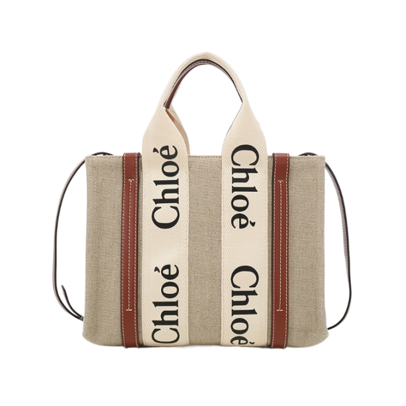 克洛伊（CHLOE）新品 女士WOODY系列小号托特包购物袋帆布包手提单肩斜挎包 CHC22AS397I2690U 亚麻色棕色