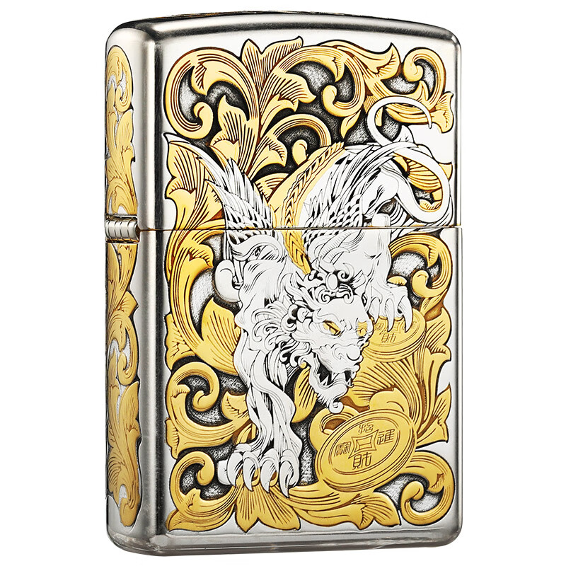 ZIPPO打火机官方正品煤油防风纯银鎏金招财唐草貔貅送男士朋友新年礼物 重甲纯银鎏金唐草貔貅【套餐款】