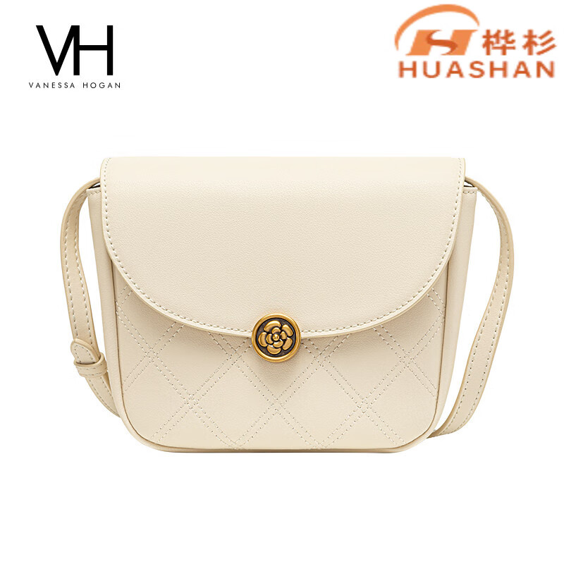 vh包包女包  精致温柔山茶花单肩包简约风马鞍包休闲斜挎包 米白