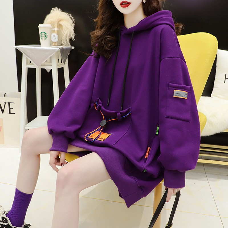 七小铺秋冬季潮牌连帽卫衣女2022年新款时尚减龄薄款宽松bf慵懒风上衣中长款 紫色【加绒】 小码【建议30-50斤】