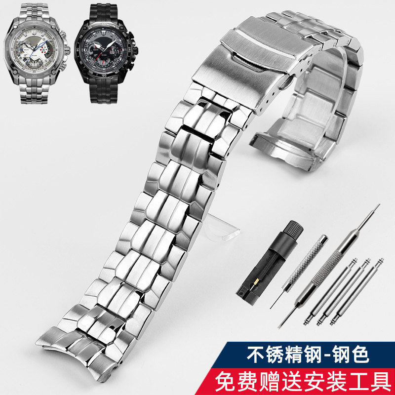 古辑(guji) 实心不锈钢表带适配卡西欧ef-钢带5147防水硅胶手表带22mm