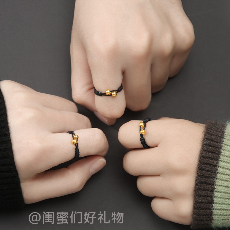 麦思姬999足金转运珠戒指女编织红绳黄金小金豆戒子定制小金珠小众