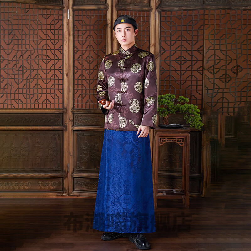 花淯地主清朝演出服装影视古装民国滩长衫长袍马褂老爷老板少爷 咖啡