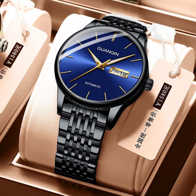 冠琴（GUANQIN）十大品牌手表男士进口机芯全自动机械表双日历夜光防水男表 全黑蓝面【进口机芯】16217