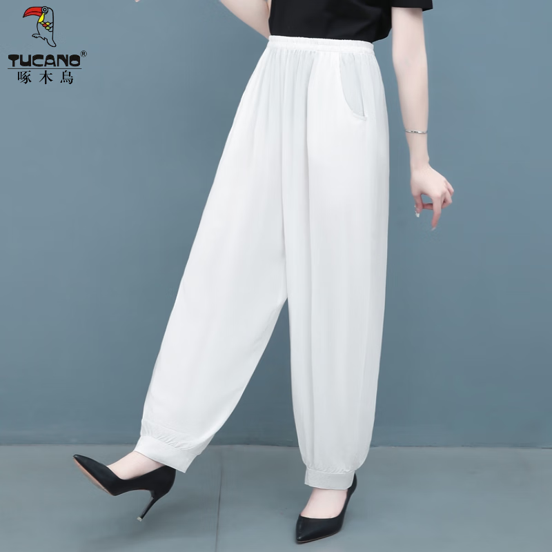 啄木鸟春夏女裤宽松棉绸阔腿灯笼裤休闲民族风广场舞女士长裤 白色