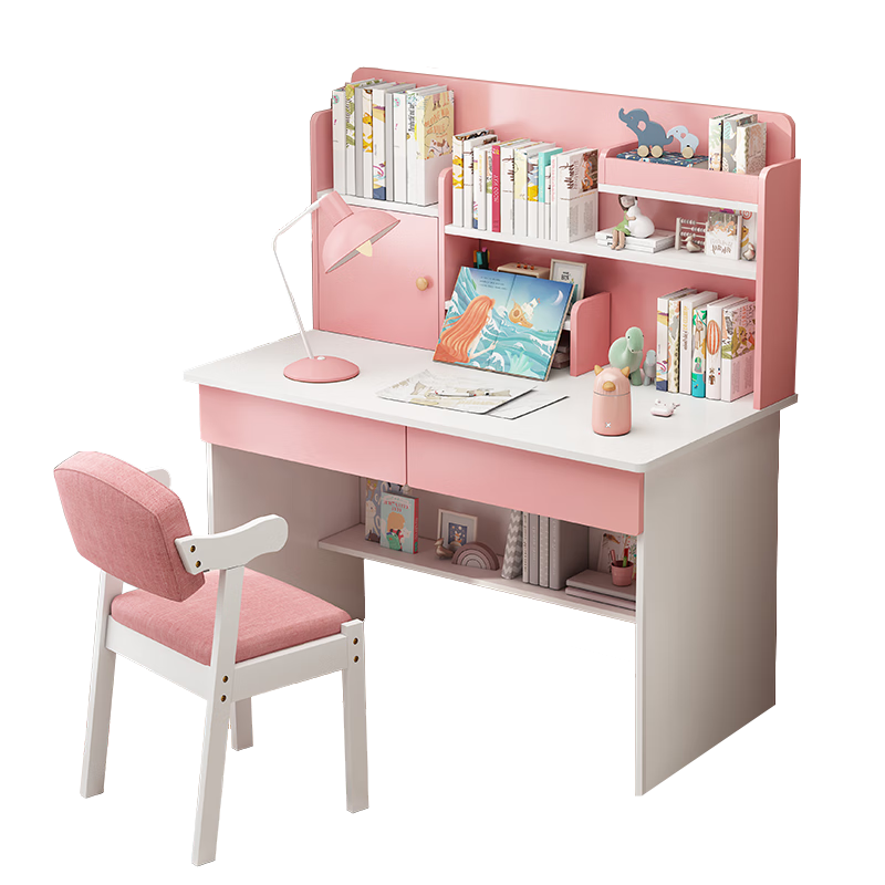 欧贸中小书桌书架一体家用电脑桌椅组合套装写字卧室学习桌子 80cm粉色（中小） 80cm粉色（普通1.2板保3年）