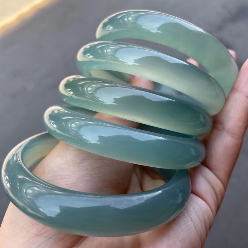 创京懿选翡翠玉石 女士高冰种远山黛手镯浅油青色玉镯2宽加厚版 12宽