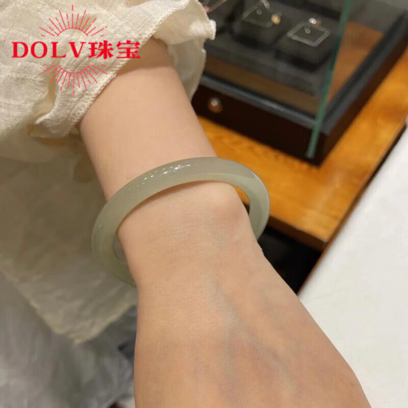 dolv和田玉青白玉手镯新疆女款叮当镯圆细条晴水少女镯子年轻款 青
