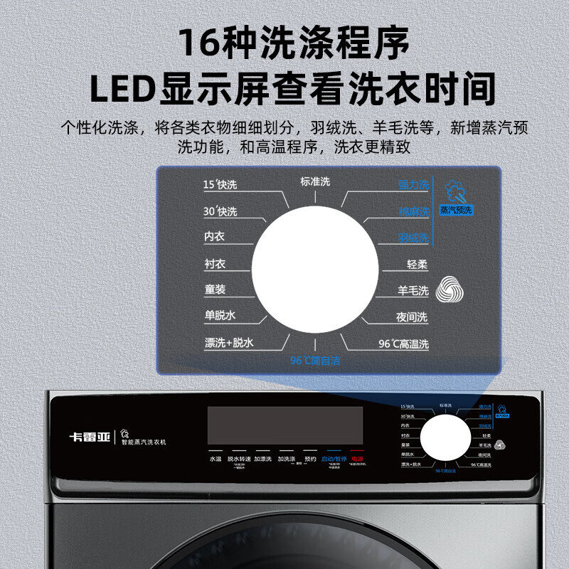 卡雷亚德国智能3D蒸汽洗空气洗16KG滚筒式15‘超快洗96°C|高温洗桶自洁变频预约内衣羽绒洗烘套装洗衣机 16KG白96°C高温洗|15分超快洗|高温桶自洁