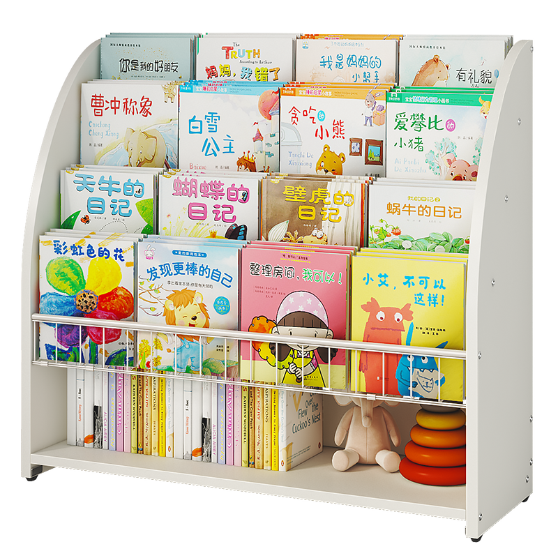 SKAAN儿童书架落地可移动木质绘本架 客厅宝宝玩具收纳架婴幼儿书本展示架子 学生简易旋转带轮小书架  固定款钢木书架 XL码 白色