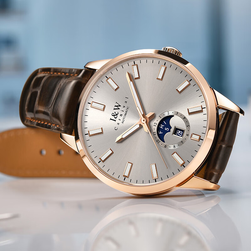 爱沃驰手表男士瑞士品牌夜光机械表进口机芯全自动男士品牌手表十大名表 升级版-玫灰皮带【进口机芯】免费刻字