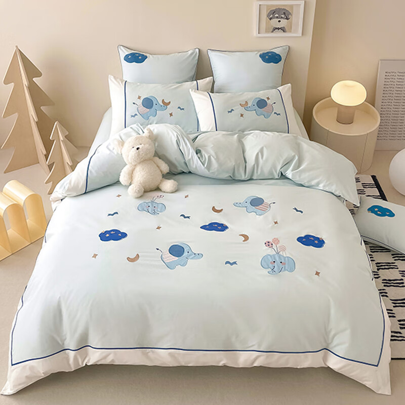 优庭家纺优庭家纺 卡通贴布绣四件套 星月小象 浅蓝色 120*200(床单款