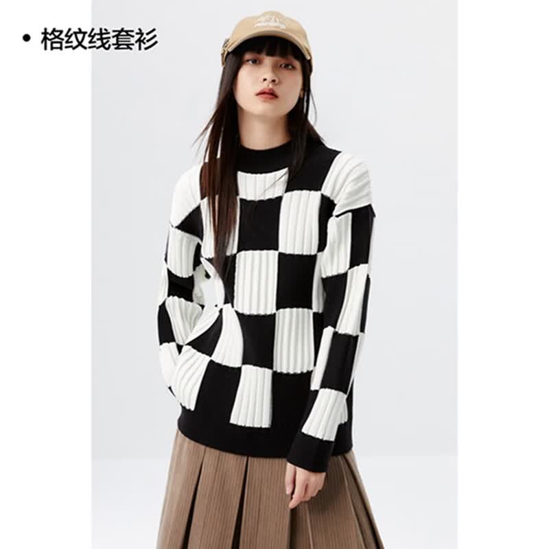 太平鸟【针织衫合集】秋冬女士针织衫宽松时尚套头长袖打底衫上衣女 黑白格纹格纹线套衫 M高性价比高么？