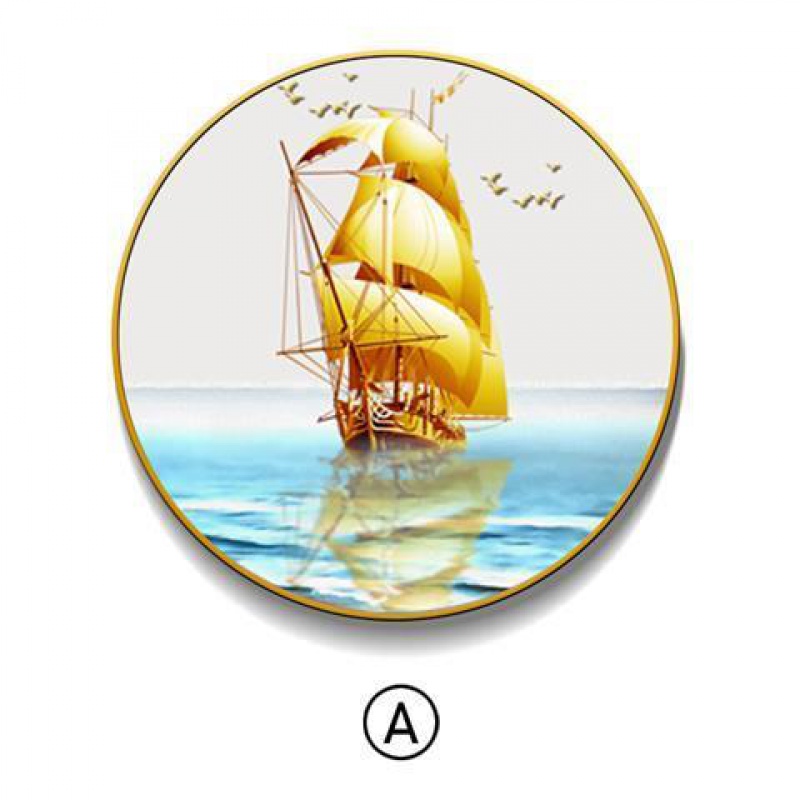 新中式圆形装饰画玄关背景墙挂画书房餐厅茶室轻奢风一帆风顺壁画图案