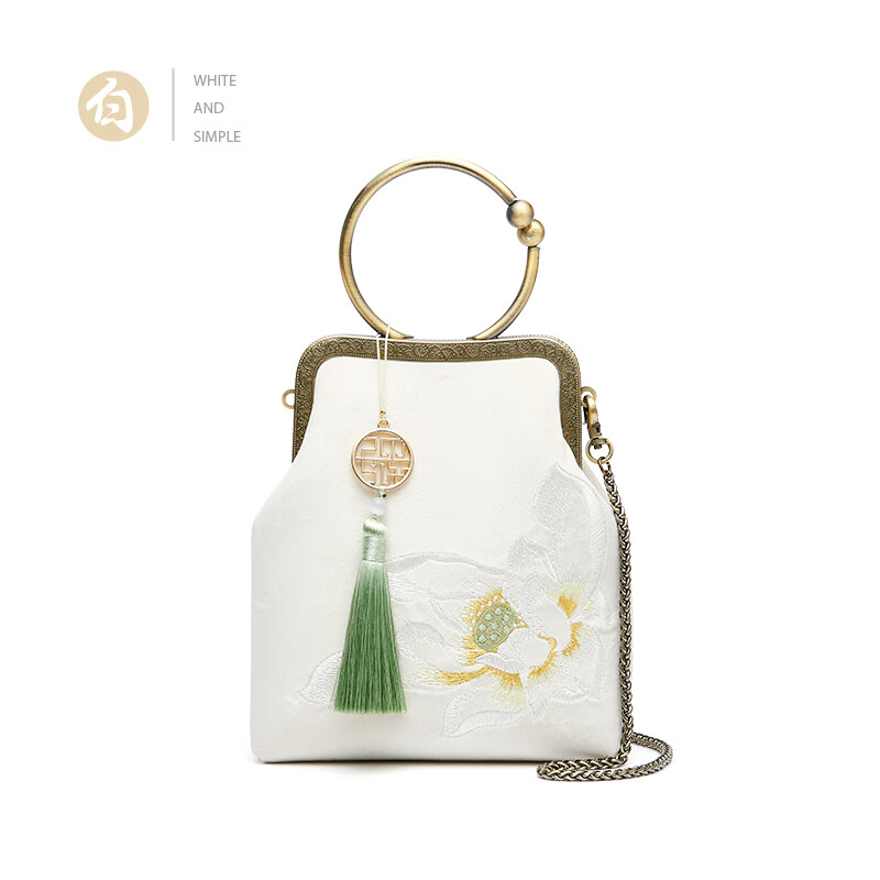 PmSix中国风刺绣女包竖款小包绣花旗袍包复古手拎包链条单肩包放手机包 白色-送礼盒+礼品袋
