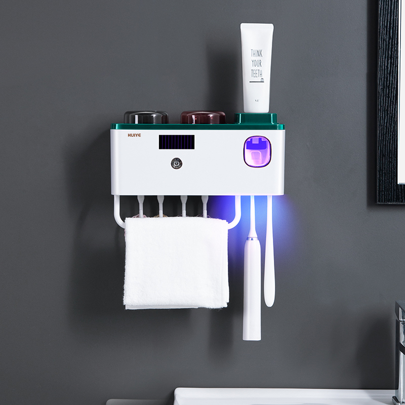 惠业(HUIYE)电动牙刷架消毒器置物杯子毛巾挂钩挤牙膏神器浴室用品免打孔壁挂卫生间紫外线杀菌收纳盒 两杯款 白色-【牙膏牙刷消毒+见光充电+挤牙膏器】