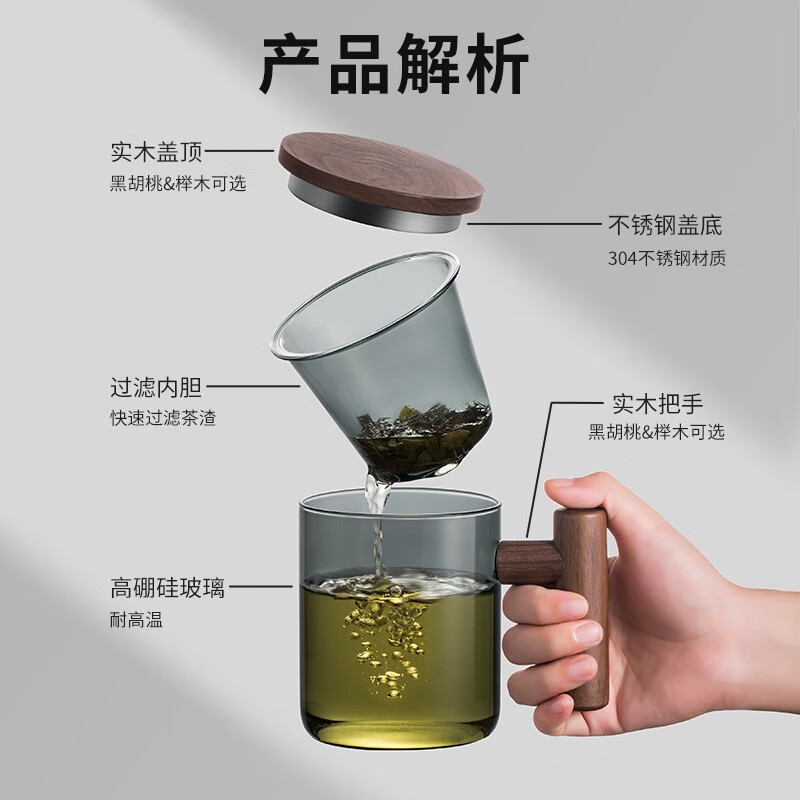 木笙玩物（MUSHENGWANWU） 玻璃泡茶杯带盖过滤水杯男士简约大容量茶水分离茶道杯子 透明乐笙杯T型7A-黑胡桃