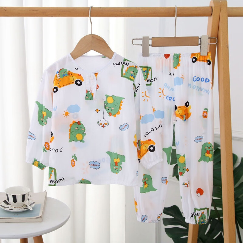 飾雯春夏兒童棉綢長袖睡衣男童女孩綿綢束口防蚊空調(diào)家居服東方綢套裝 長燈汽車恐龍 66 XS 建議身高73-80CM