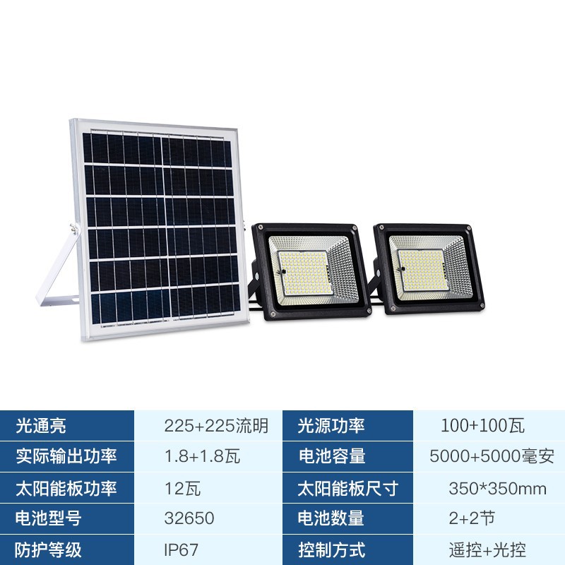 烁室太阳能灯路灯户外LED投光灯室外照明一拖一、一拖二泛光100W工厂车间光感应庭院 100W+100W-照明约100平