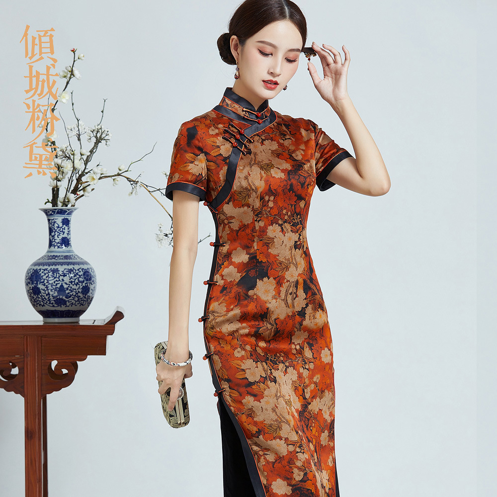 旗袍长款秋季新款优雅复古香云纱真丝旗袍连衣裙夏老上海旗袍走秀
