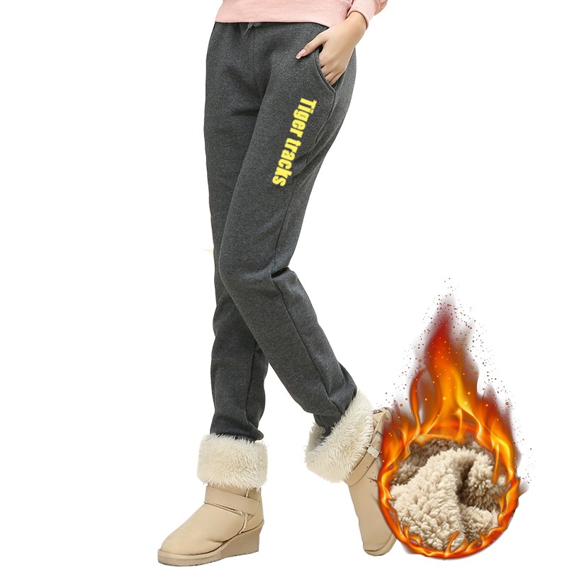 虎迹加绒收口运动裤女冬季羊羔绒加厚休闲裤跑步锻炼保暖运动长裤 深灰色（字母款） XL