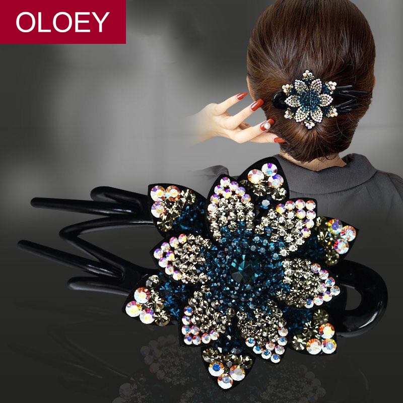 oloey 盘发鸭嘴夹发夹顶夹抓夹女大号后脑勺水钻头饰妈妈头发花夹子 h