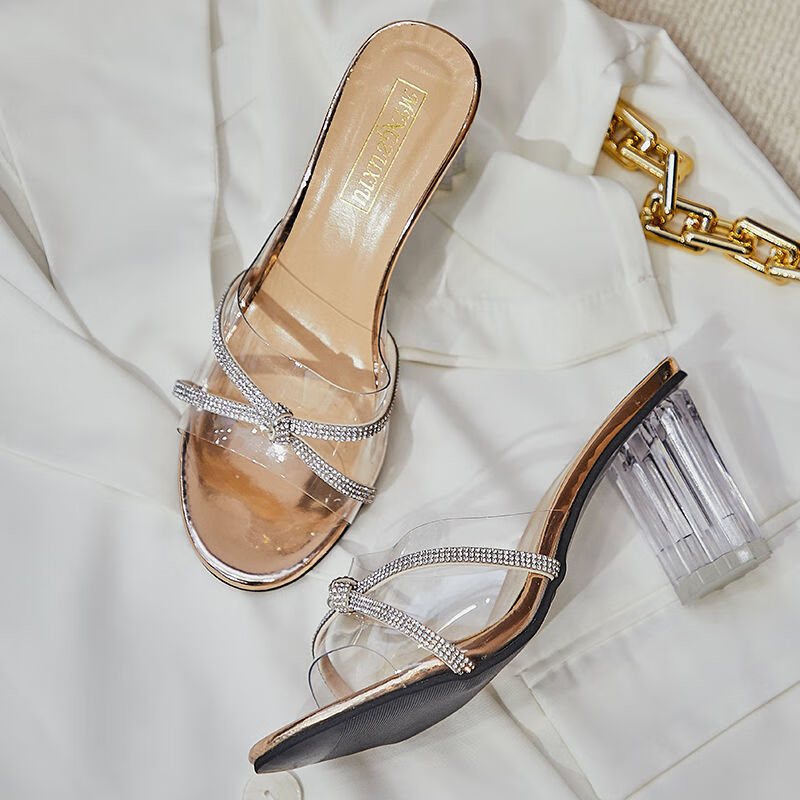 焗潭法式复古水晶高跟鞋女夏天韩版网红百搭露趾仙女时装凉鞋 香槟色