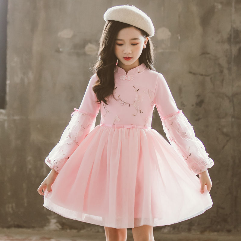 糊图狗 女童连衣裙秋冬新款儿童2021红色旗袍中国风中大童公主裙子