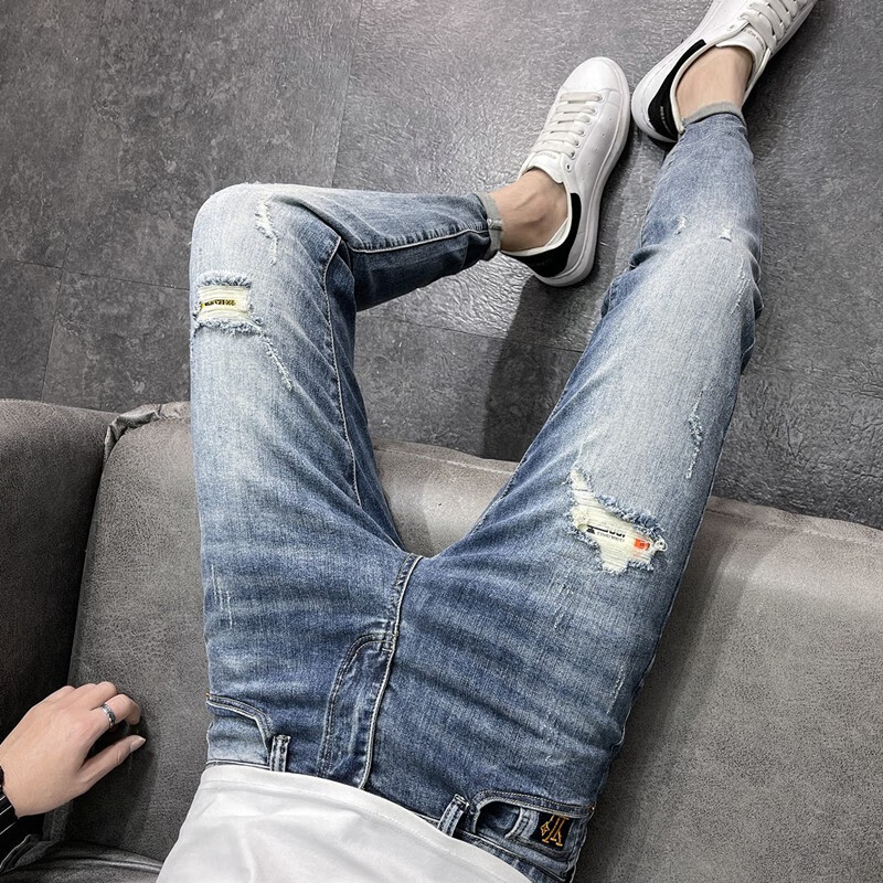 破洞百搭韩版修身小脚裤九分长裤潮流痞帅男裤复古 蓝色九分裤款式一