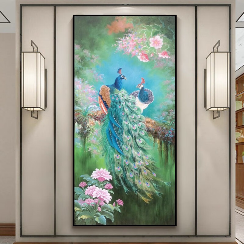 开兴动物写实唯美双孔雀手绘油画新中式进门玄关客厅装饰画挂画感
