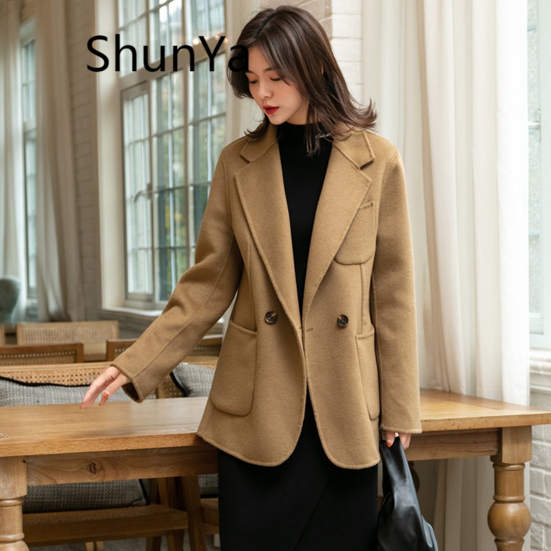 shunya 香港潮牌 双面羊毛大衣女2022年秋冬新款手工羊毛呢子西装轻奢